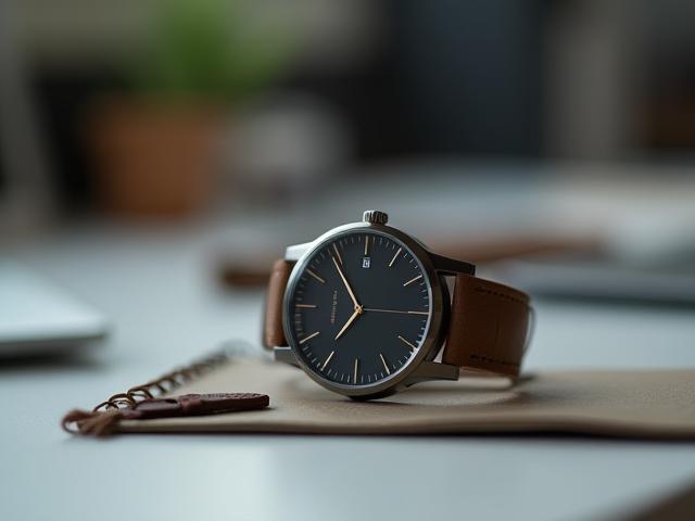 Close-up of a minimalist watch face on a modern desk, representing the brand's aesthetic.
