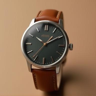 Minimalist watch with brown leather strap.