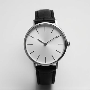 Minimalist silver watch with black leather strap.